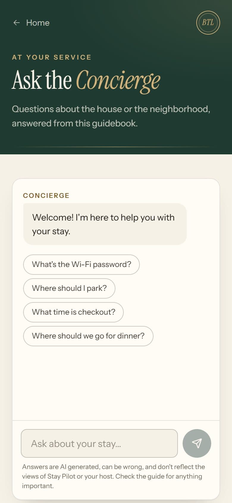 The Concierge layout, AI concierge screen