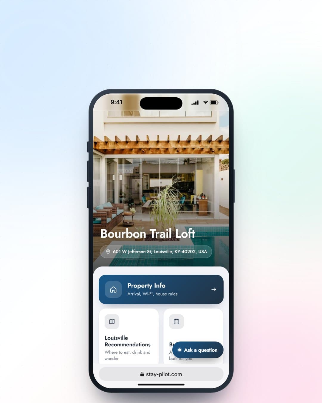 A Stay Pilot guidebook on a phone: no app needed, Wi-Fi in one tap, every house rule, local picks, and an AI concierge answering a guest's question.
